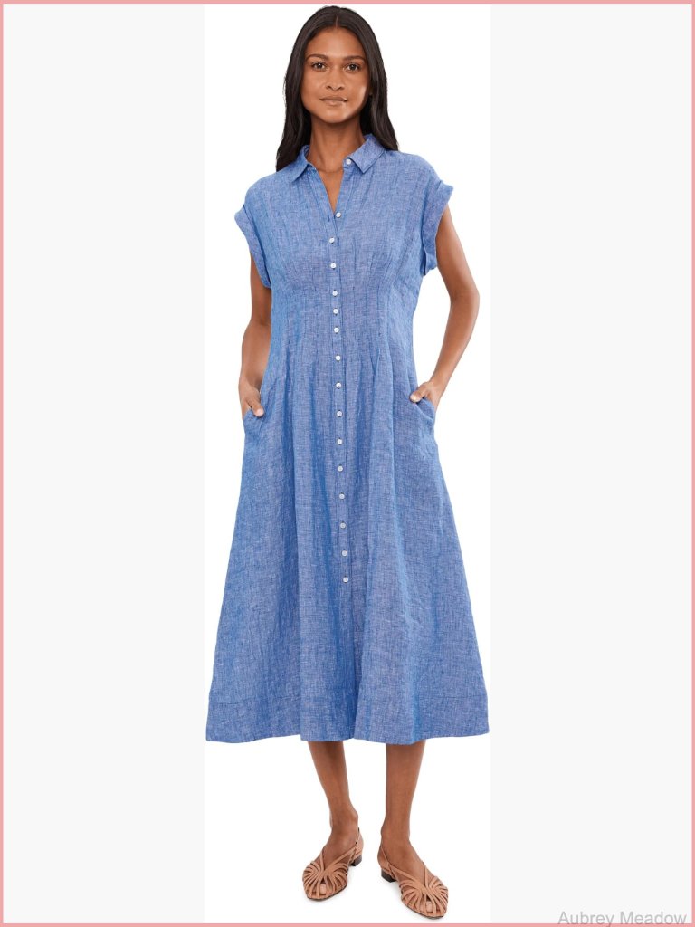 Linen Midi Shirtdress Fit & Flare With Pockets Cap Sleeve Button Front